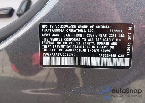 2018 Volkswagen Passat 2.0T R-Line/2.0T S из США, поврежденный, VIN 1VWAA7A37JC015742